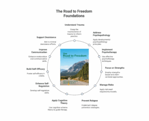 Circular diagram showing The Road to Freedom therapeutic foundations with book cover at center, surrounded by ten connected treatment components including trauma understanding, psychopathology, psychotherapy implementation, strengths focus, risk management, relapse prevention, cognitive theory, self-regulation, self-efficacy, communication improvement, and desistance support.