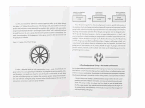 Open booklet displaying two pages of text with diagrams. The left page features a wheel diagram labeled “The Wheel Therapy,” and the right page shows a flowchart and a section titled “A Psychoeducational Group – An Ideal Environment.”
