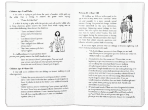 Two-page spread from an educational guide showing recommended responses for parents when addressing children's sexual curiosity, organized by age groups: children 3 and under, ages 4-9, and preteens 10-12, with simple line illustrations of families and children.