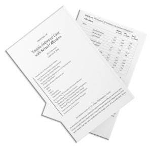 Two printed pages from Chapter 11, "Trauma-Informed Care with Sexual Offenders," showing the chapter opening with its table of contents and a second page featuring Table 11.1, which presents data across several labeled columns.