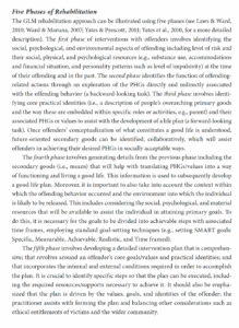Printed page from Chapter 9 headed "Five Phases of Rehabilitation," describing the Good Lives Model approach across five sequential phases of intervention, from identifying risk and resources to developing a comprehensive intervention plan.