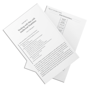 Three overlapping printed pages from Chapter 13, "Working with Men with Intellectual Disabilities," showing the chapter opener with author attribution, a page of body text, and a partial page featuring a table on the right.